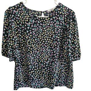 Elodie Womens Large Dainty Pink Yellow Floral Black Blouse Puff Sleeve Blouse